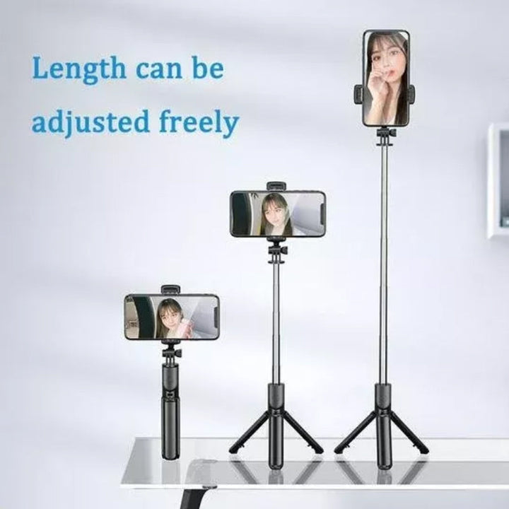 Detail of the fill light on a wireless selfie stick tripod, illuminating for better photos