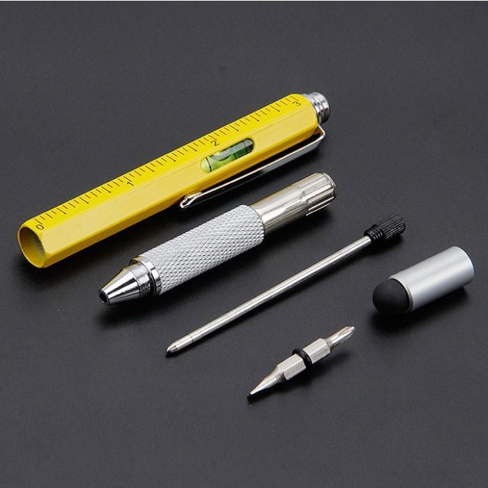 Close-up of 6-in-1 stylus pen showcasing scale ruler and pen tip. Handy office gadget.