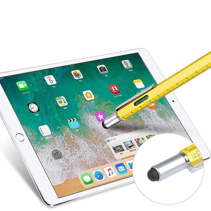 Sleek silver multifunction stylus pen, ideal as a gift for tech enthusiasts. Durable aluminum-body.