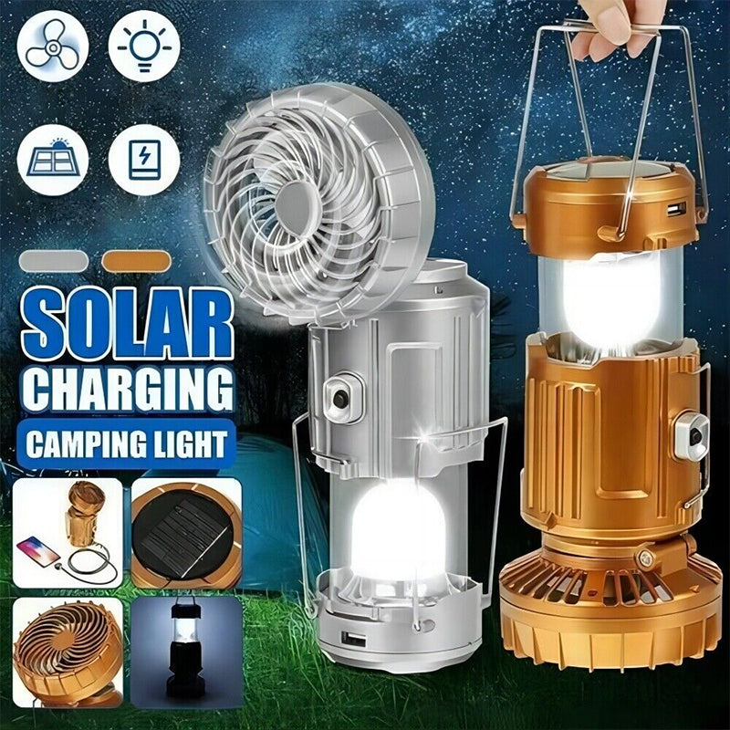 Unisex 6-in-1 portable solar LED camping lantern with integrated fan for outdoor adventures