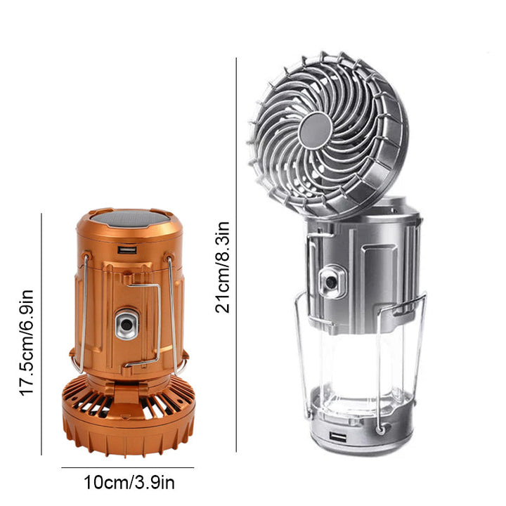 Outdoor multi-tool: solar-powered LED lantern with a quiet, efficient cooling fan