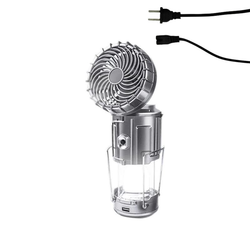 Bright LED camping lantern with an integrated fan, designed for easy transport and solar charging