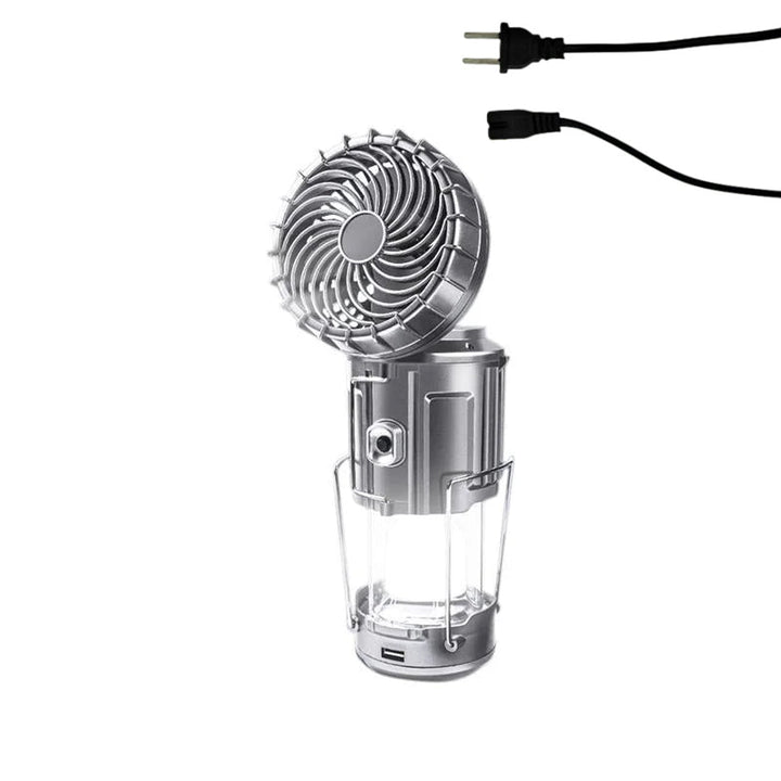 Bright LED camping lantern with an integrated fan, designed for easy transport and solar charging