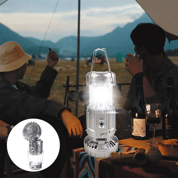 Solar-powered camping lantern with built-in fan, providing light and a cool breeze for emergencies