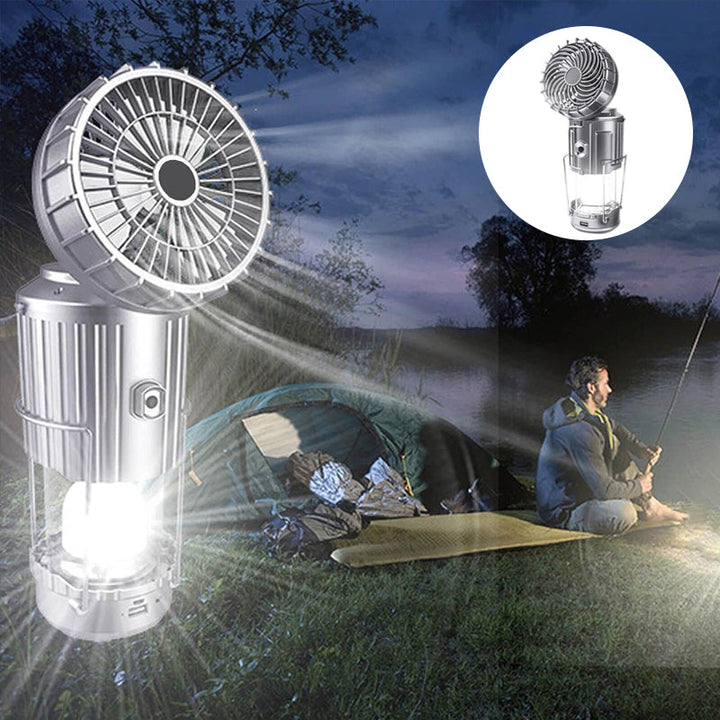 Rechargeable LED camping lantern featuring a powerful fan, ideal for tents and outdoor use