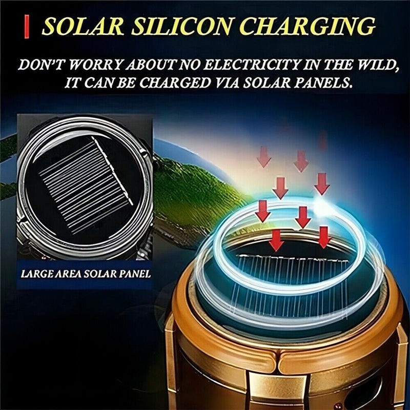 Multi-function outdoor gear: a portable LED lantern and fan, charged by solar or USB