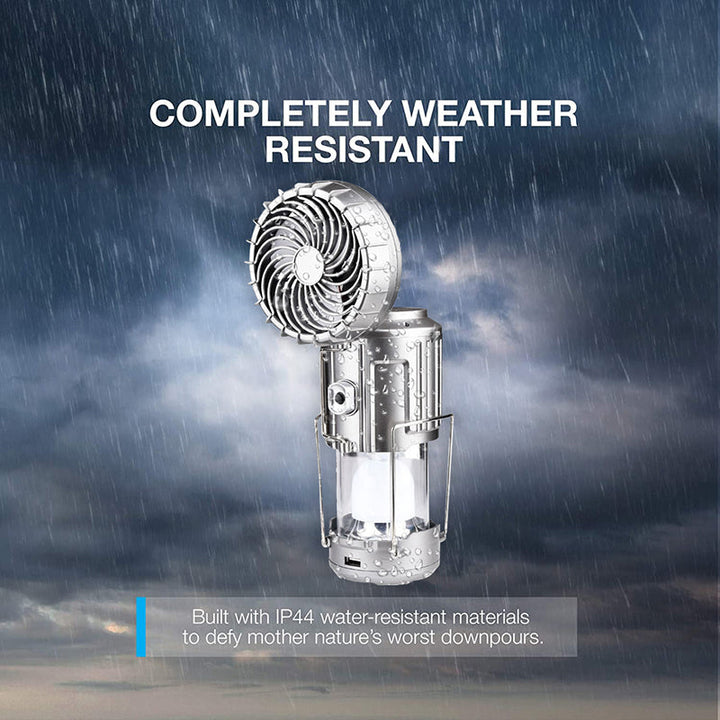 Compact 6-in-1 camping lantern with bright LED light, fan, and convenient solar charging
