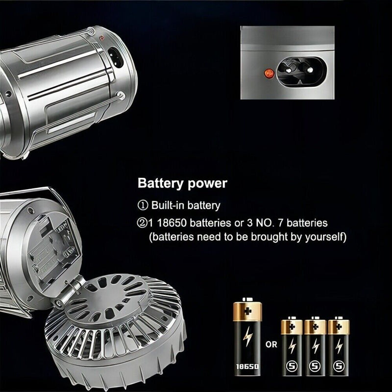 Adventure-ready solar LED lantern and fan combo, perfect for camping, hiking, and power outages