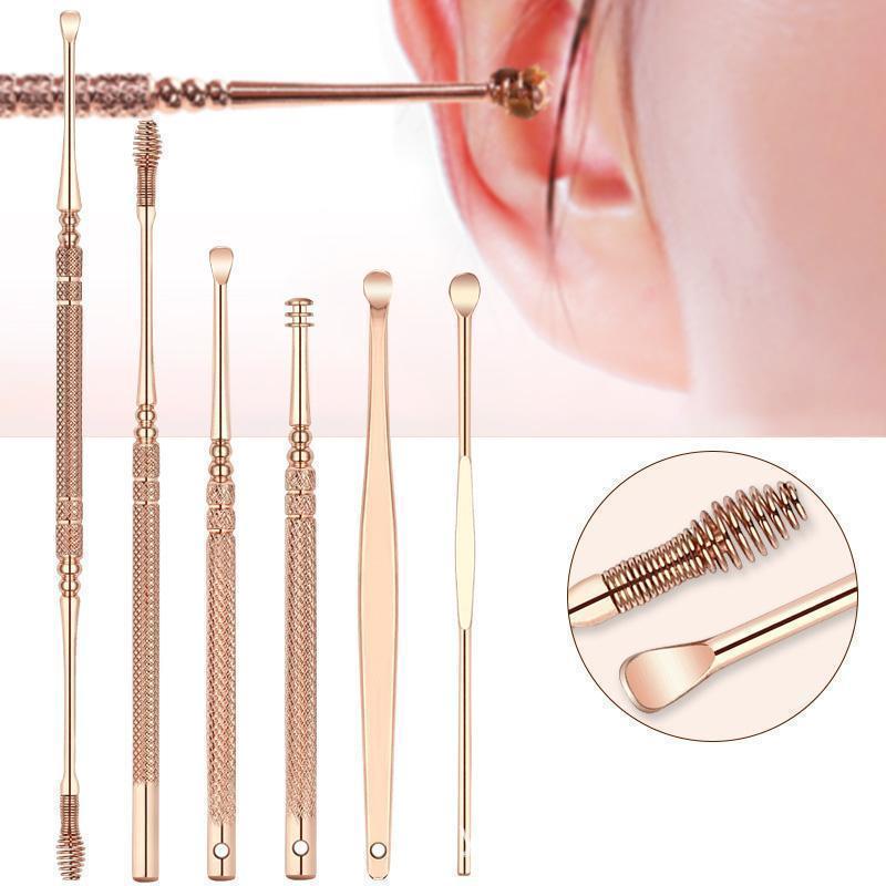 Close-up of a 6-piece rose gold ear wax removal kit, essential personal care hygiene tool