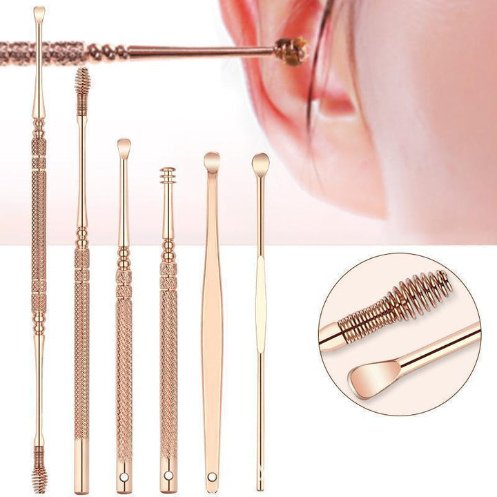 Close-up of a 6-piece rose gold ear wax removal kit, essential personal care hygiene tool