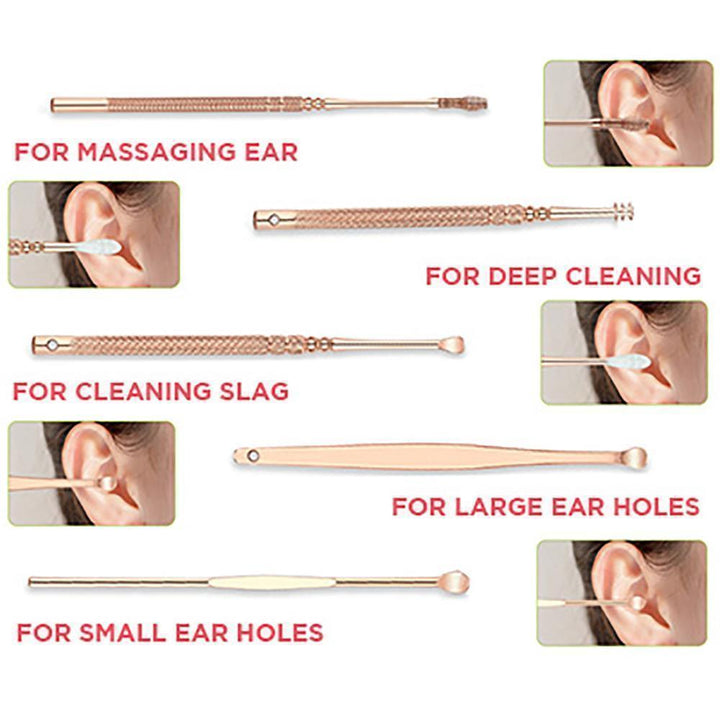 Premium quality 6-piece earwax remover kit made of rose gold stainless steel