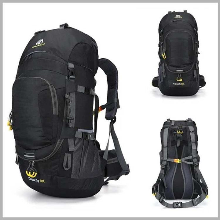 Unisex 60L waterproof adventure backpack for hiking, camping, and travel. Durable gear for outdoor expeditions.