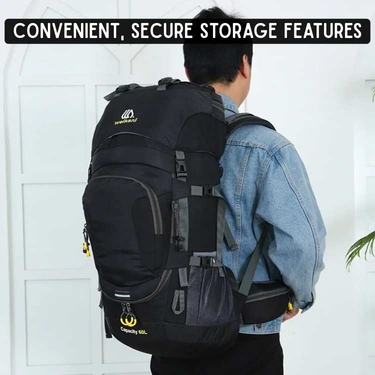 Heavy-duty 60L waterproof rucksack, perfect for protecting gear during outdoor adventures & trail hiking.