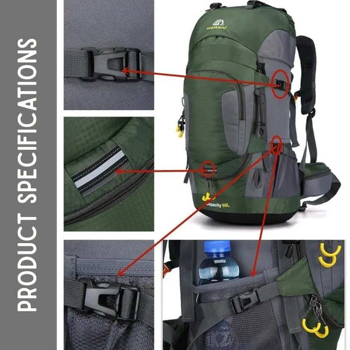 Durable unisex 60L adventure backpack, built tough for expeditions, hiking & camping in all weather.