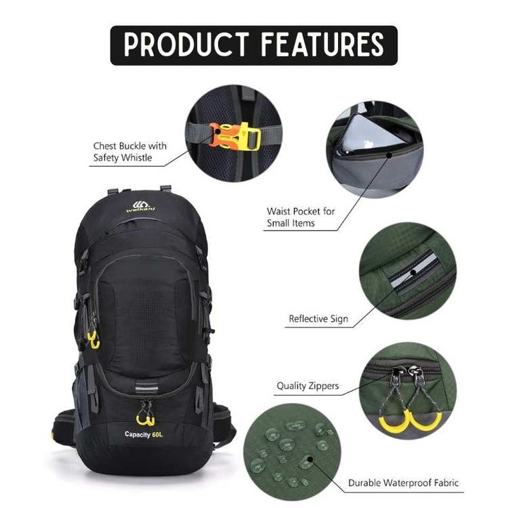 Unisex 60L hiking backpack, waterproof and durable, essential gear for trail adventures and camping trips.