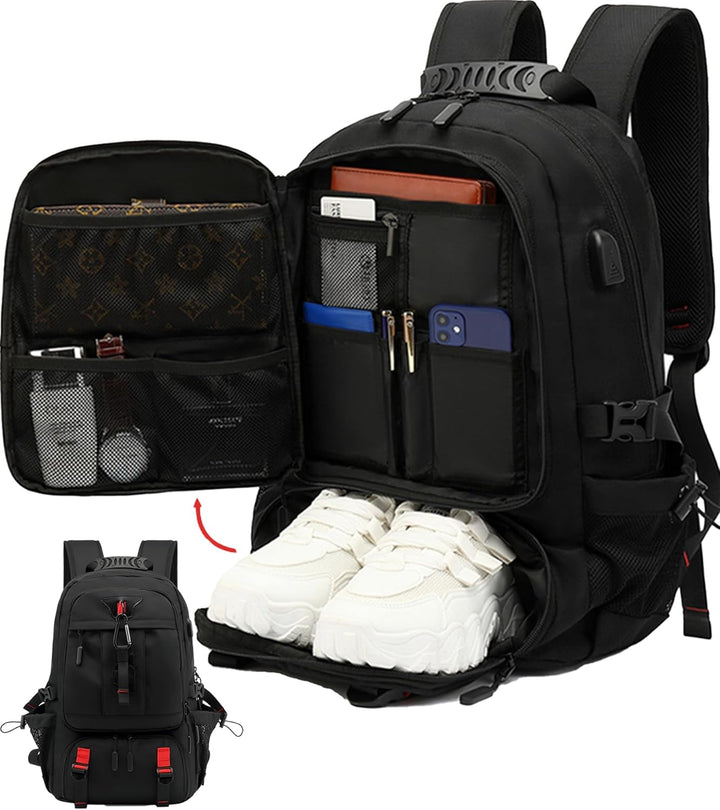 Unisex 60L waterproof travel backpack with USB charging port & dedicated shoe compartment.