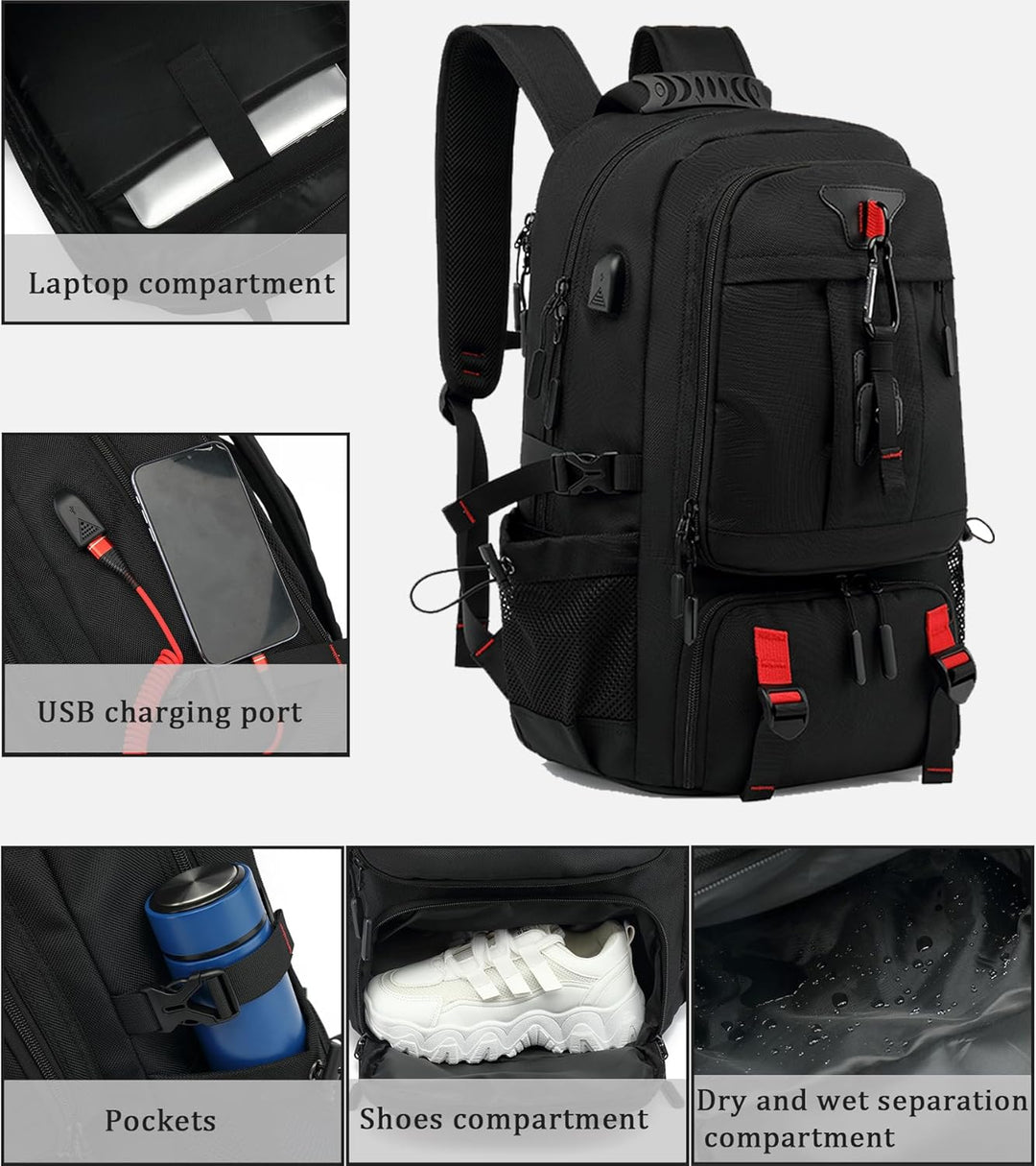 Large capacity unisex travel backpack, ideal for business trips & adventure, with laptop & shoe storage.