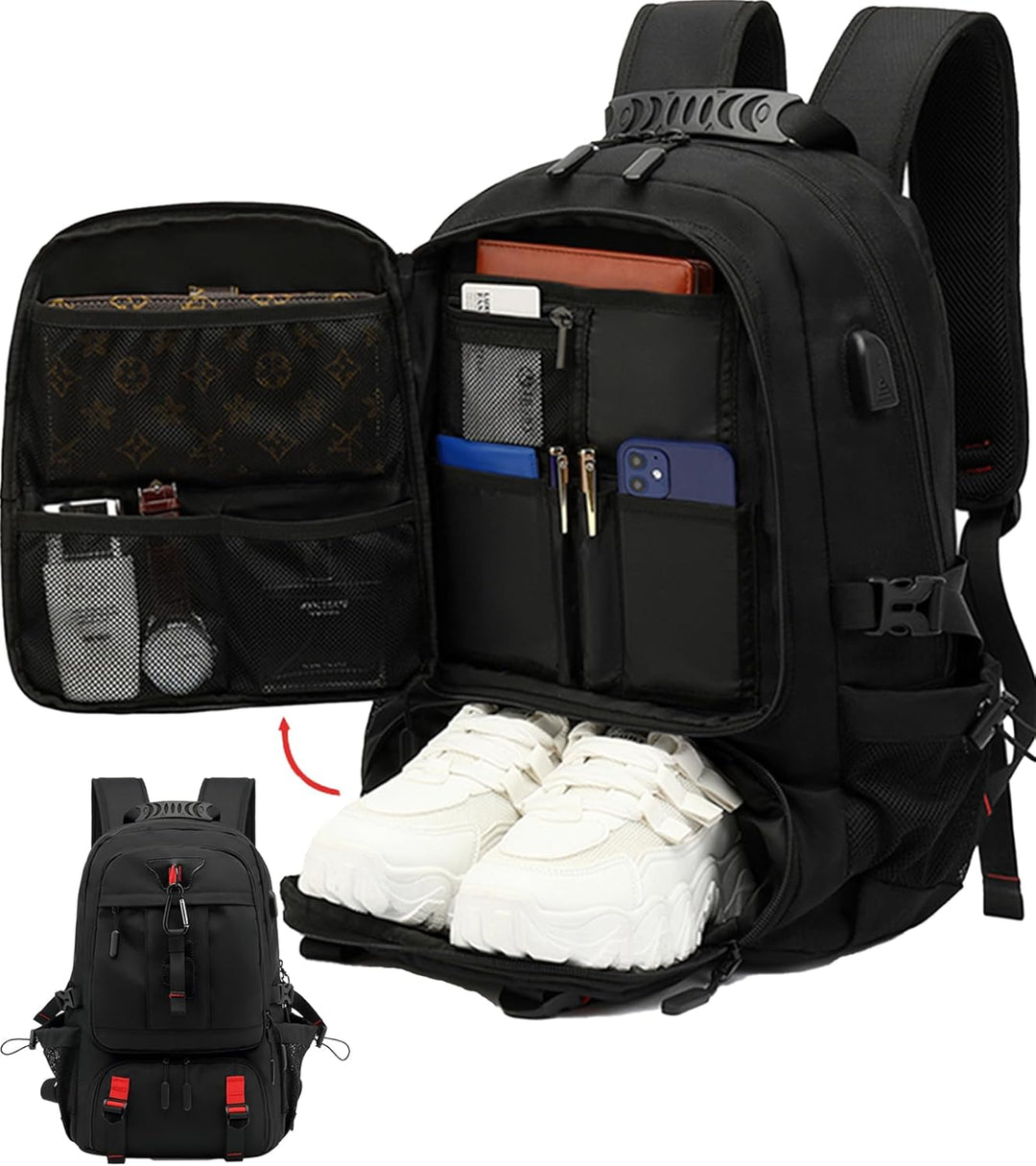 Unisex 60L waterproof travel laptop backpack with USB port & dedicated shoe compartment for adventure travel.