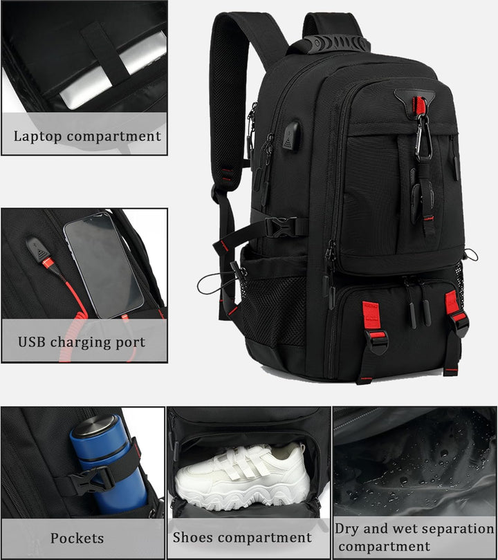 Large capacity 60L travel backpack with anti-theft design, USB charging port, & water-resistant material for trips.