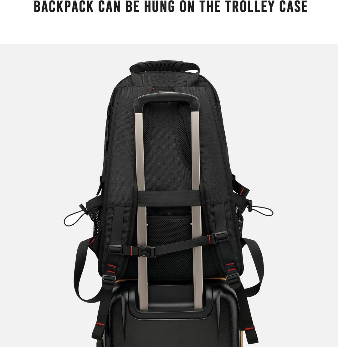 Front view of a black 60L waterproof travel laptop backpack, ideal for men & women, with USB & shoe storage.