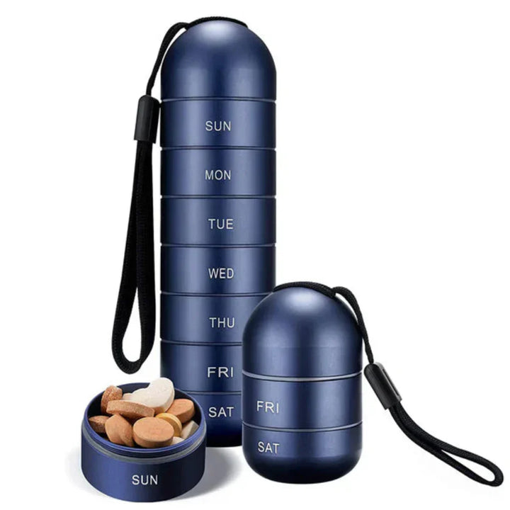 Unisex 7-day aluminum pill organizer, portable weekly medication case for daily vitamins & supplements. Waterproof.