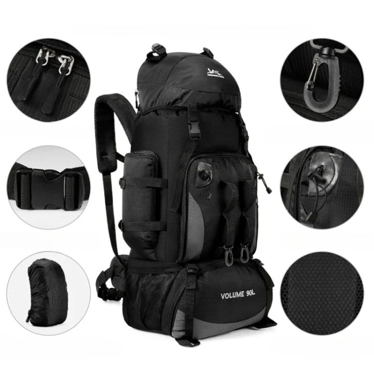 Durable waterproof fabric on a 90L lightweight hiking backpack, perfect for camping gear & travel.