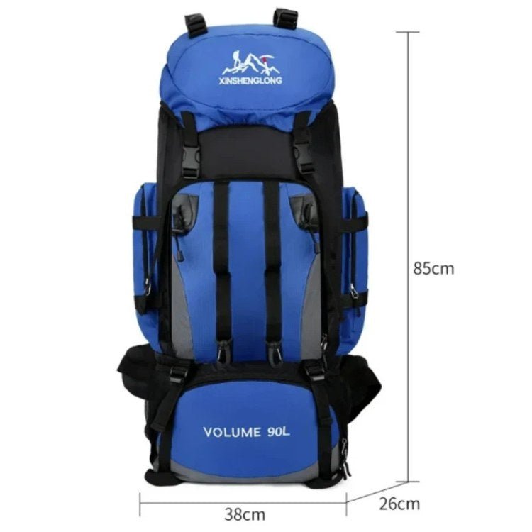 Side view of a spacious 90L unisex hiking backpack, featuring multiple pockets for organized gear.