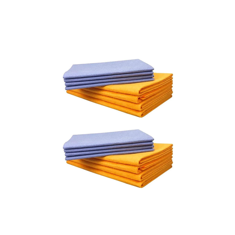 Various tasks performed with multi-purpose cleaning cloths, including dusting and scrubbing
