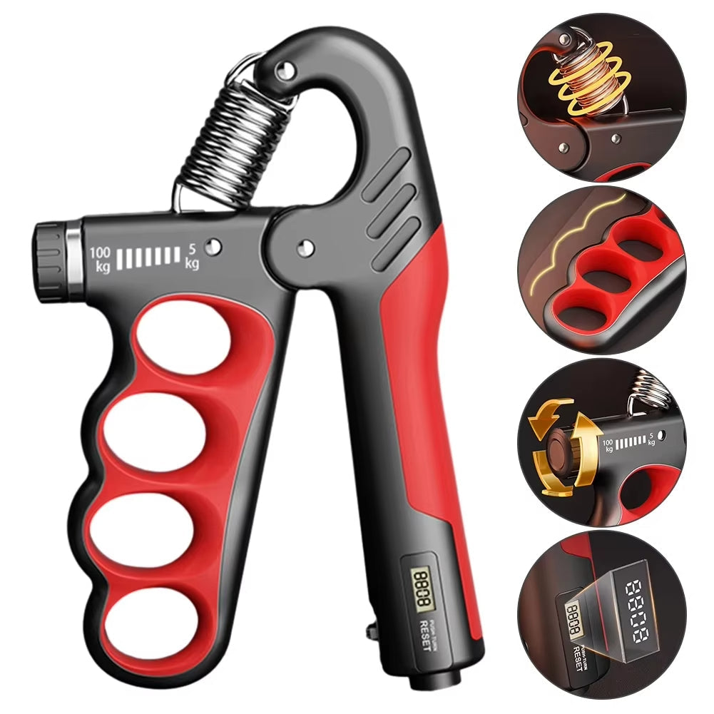 Adjustable grip strength trainer with counter for tracking forearm workouts & building hand muscle.