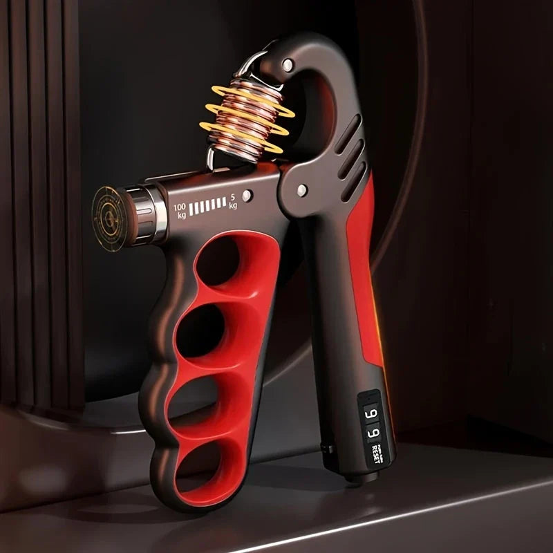 Home gym forearm workout: an adjustable grip strength trainer for progressive arm exercise.