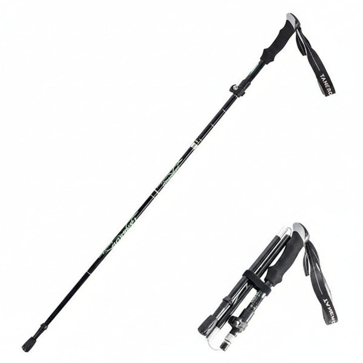 Adjustable trekking pole extended, showing quick-lock mechanism for custom height & trail adaptability.