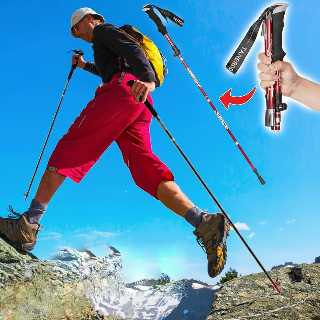 Compact, collapsible hiking pole, ready for storage or attachment to a backpack, ideal for travel.