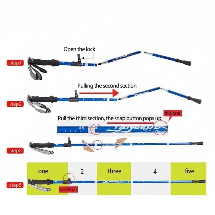 Pair of adjustable aluminum trekking poles with various tips for diverse terrain, enhancing outdoor stability.