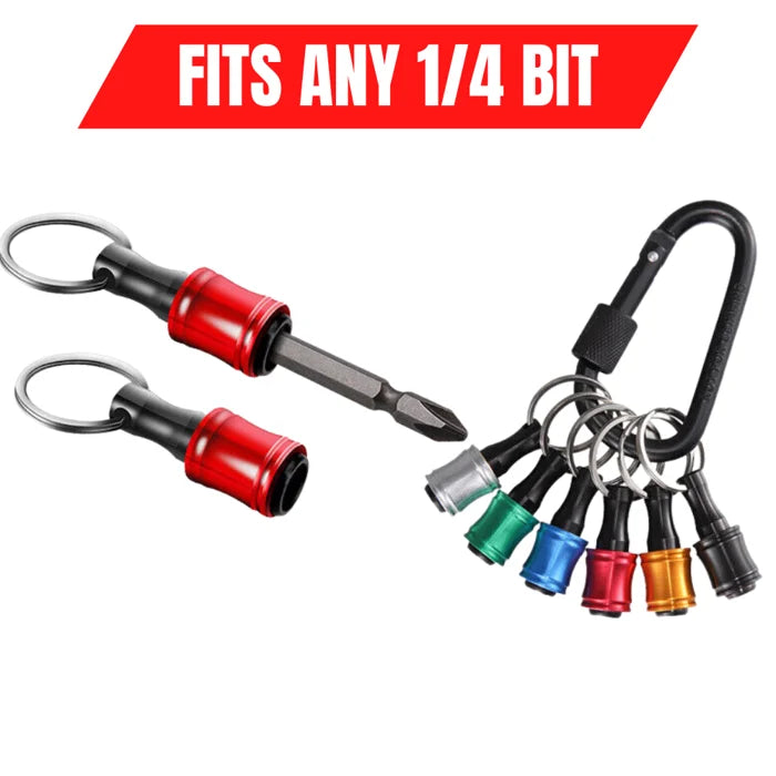 Compact quick release hex bit holder carabiner for efficient drill bit organization.
