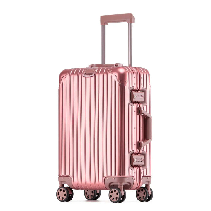 Modern aluminum hard shell suitcase, a durable travel bag with spinner wheels for effortless movement.