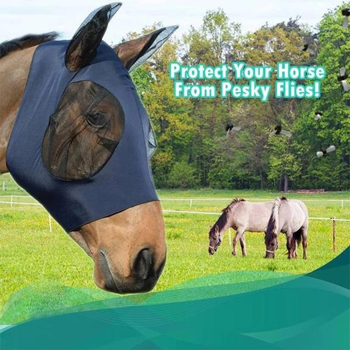 Close-up of a horse wearing an anti-fly mesh mask, showcasing the durable, breathable equine gear for pet care.