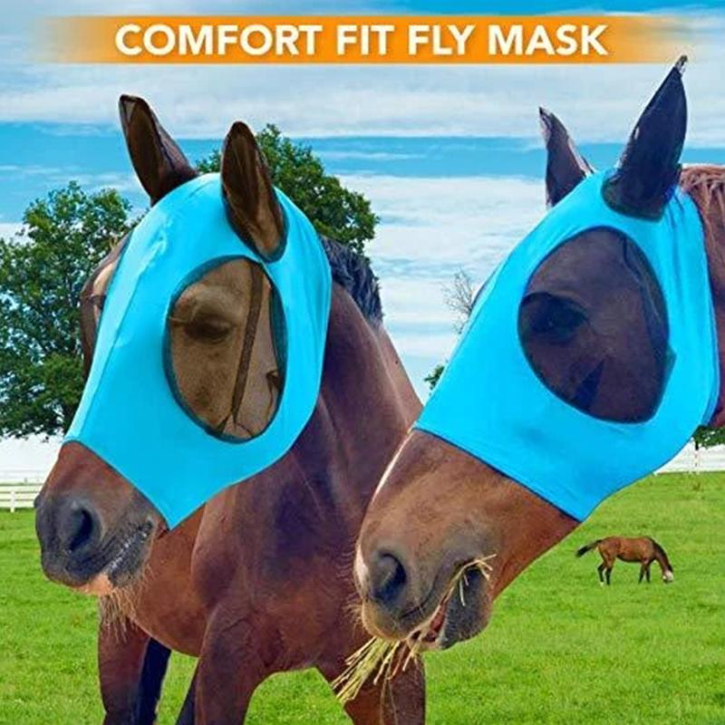 Side view of a horse with a gray anti-fly mask, highlighting the comfortable fit and effective fly protection.