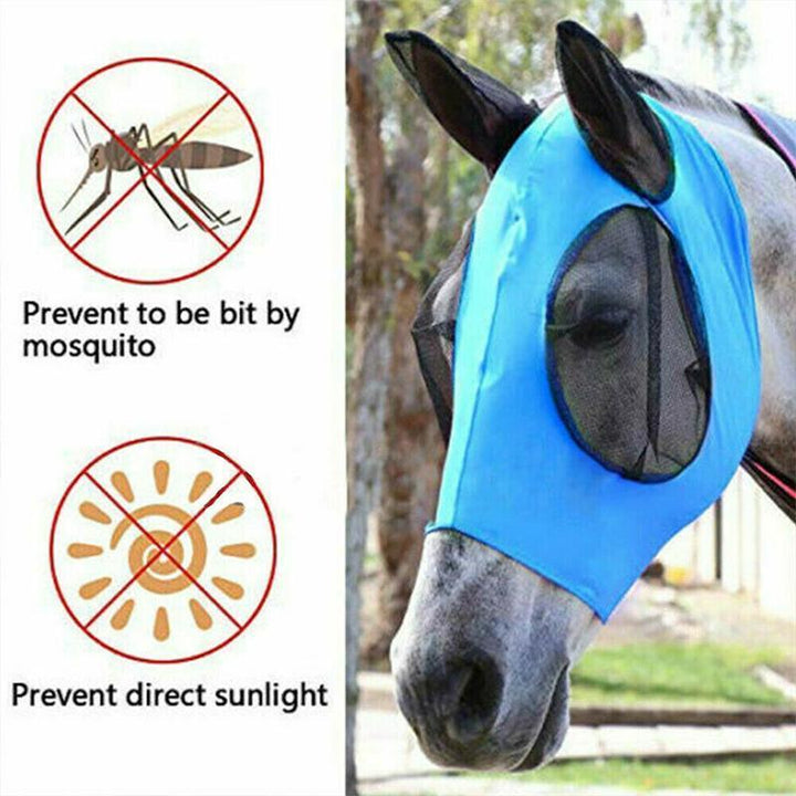 Unisex horse mask with ear covers, designed for comprehensive fly and UV protection during outdoor equestrian use.