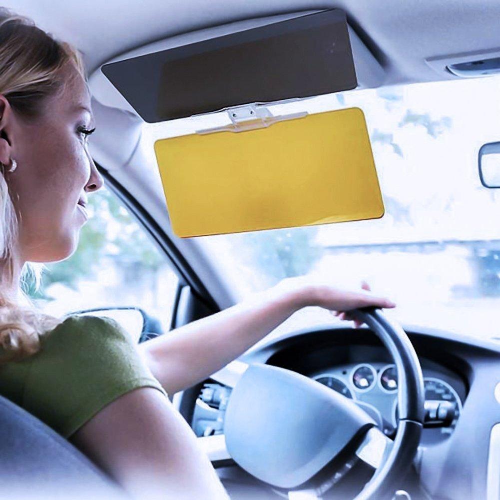 Dual-purpose anti-glare car visor with yellow night vision lens and dark day sun filter.
