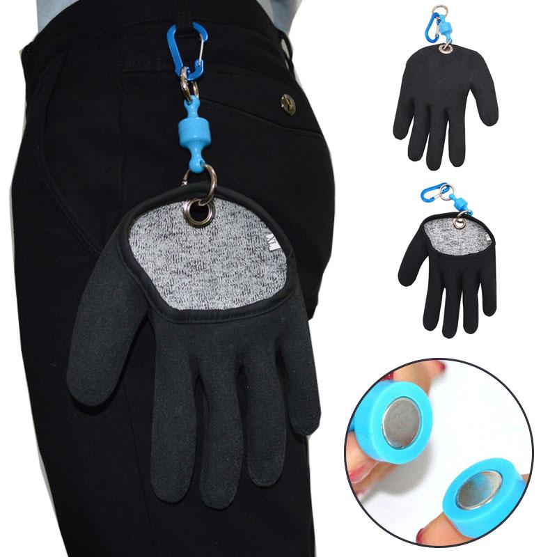 Unisex fishing glove, anti-puncture for safety, magnetic clip, shown on hand