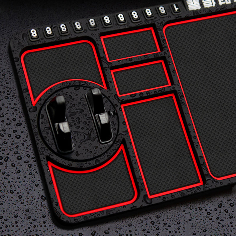 Black anti-skid car dashboard mat, holds phone, keys, and coins securely while driving