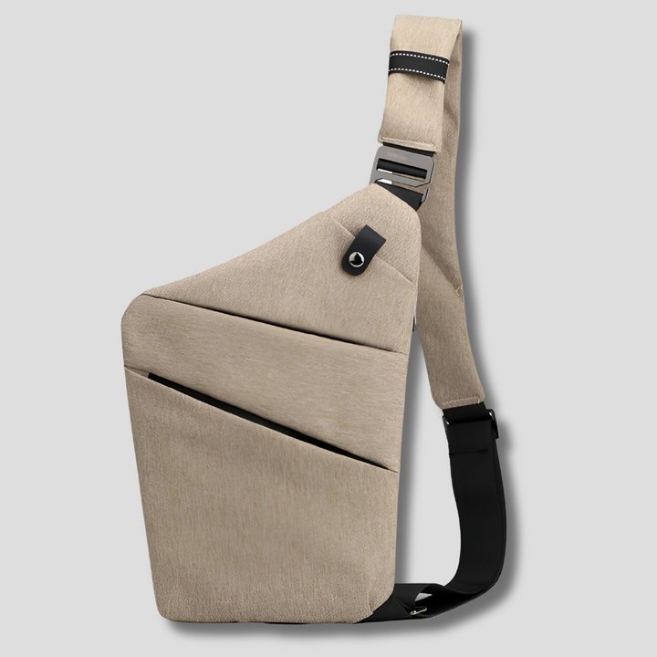 Secure anti-theft shoulder bag, holding a smartphone, wallet, and passport for peace of mind.