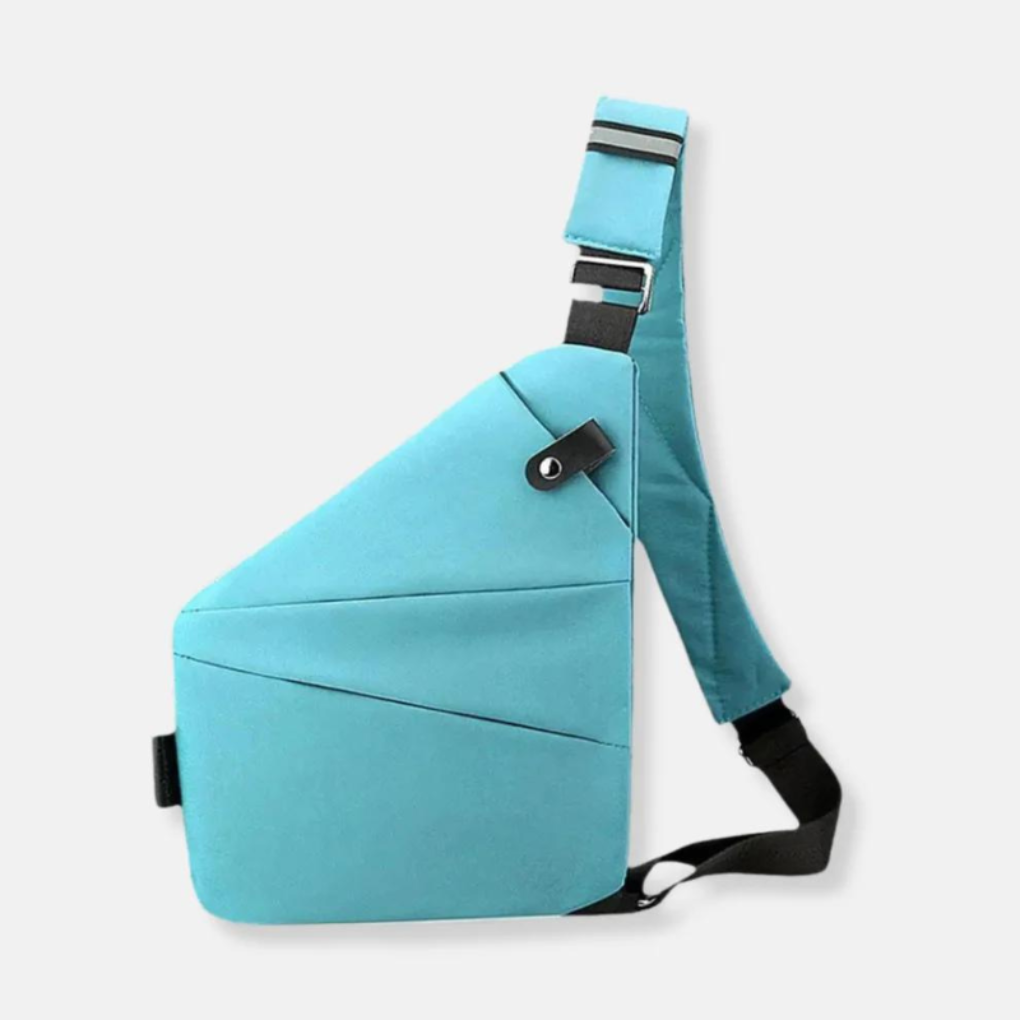Interior of anti-theft crossbody organizer, multiple pockets for secure storage of travel items.