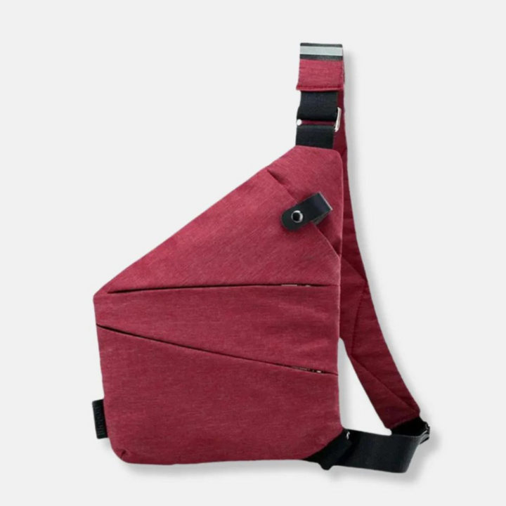 Person wearing a black anti-theft crossbody bag, ideal for secure urban exploration & daily use.