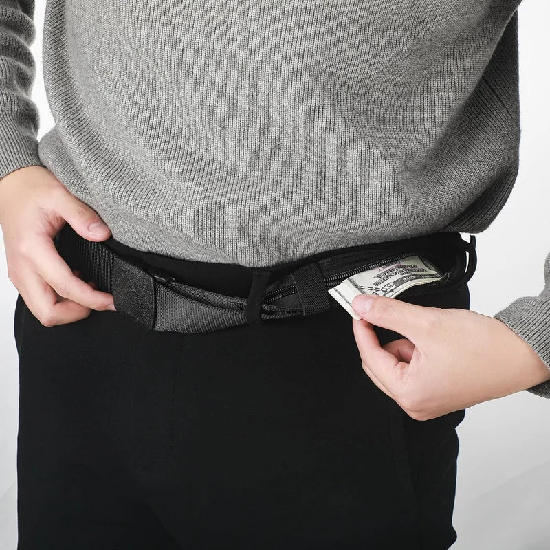 Money belt worn around waist, illustrating how hidden pouch is concealed from view.