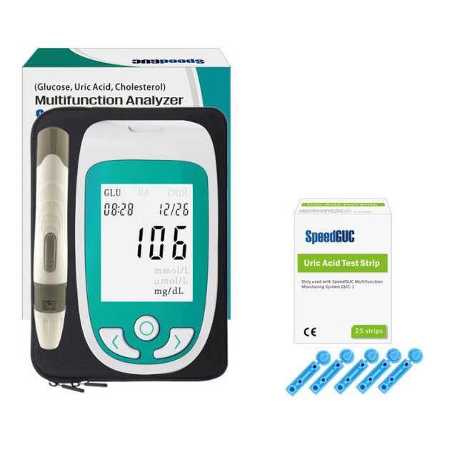 Easy-to-use blood test kit: measure cholesterol, glucose, and uric acid with this personal device.