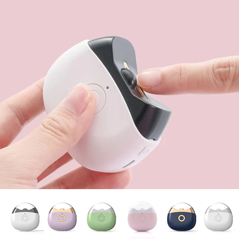 Top-down view of the automatic electric nail clipper, showcasing its modern aesthetics and power button