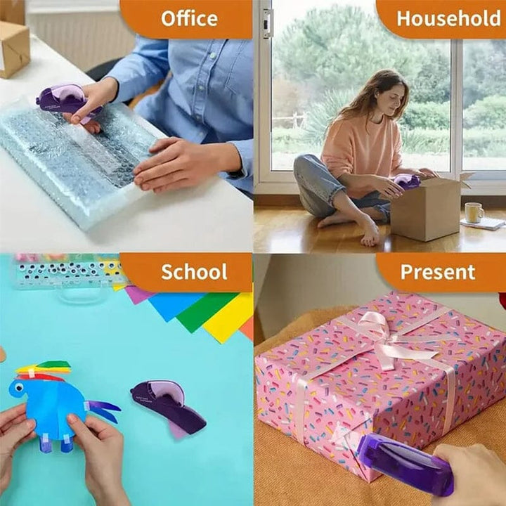 Automatic tape dispenser for unisex use, making gift wrapping & sealing simple & safe.