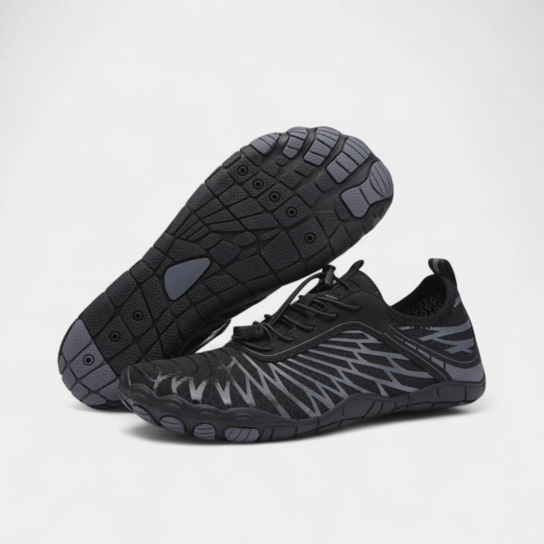 Flexible sole barefoot hiking shoes with wide toe box for minimalist comfort & improved posture.