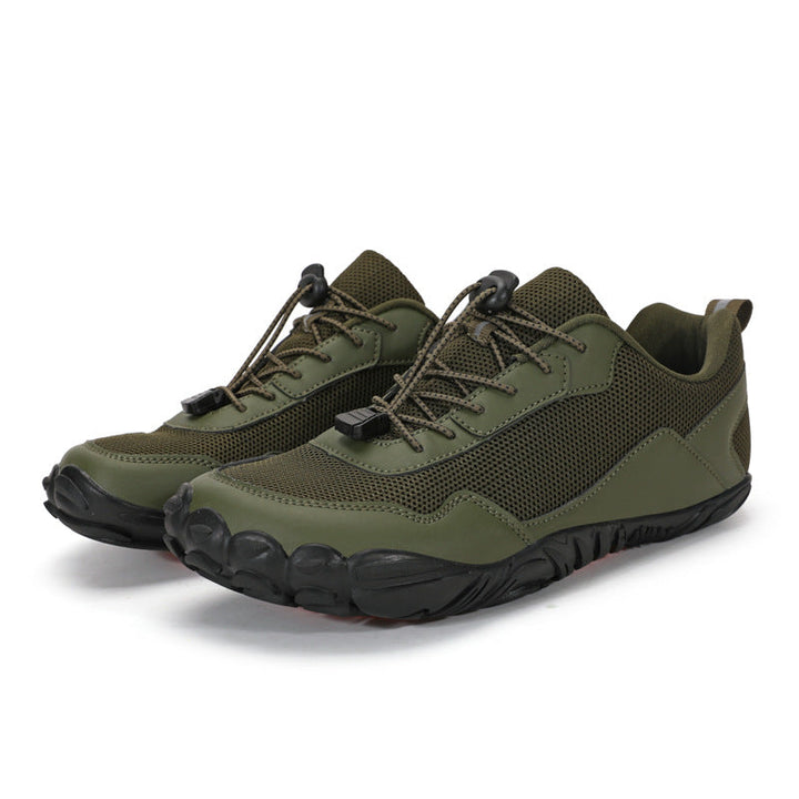 Pair of unisex orthopedic hiking shoes, featuring wide toe box, natural fit, and flexible sole.